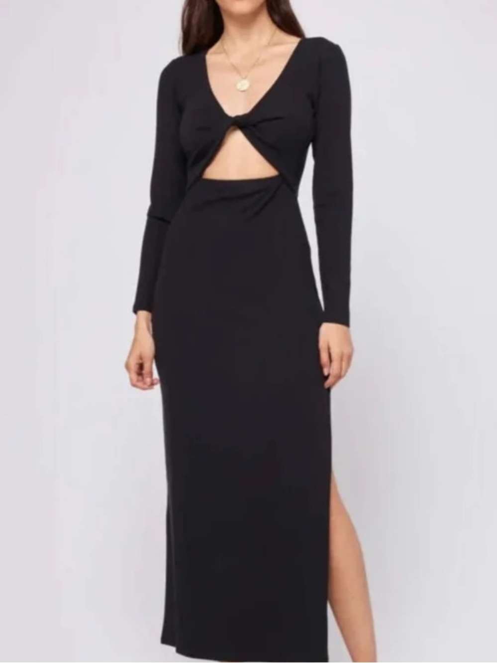 l*space Black Ribbed Long Sleeve Twist Front Cutout Maxi Dress